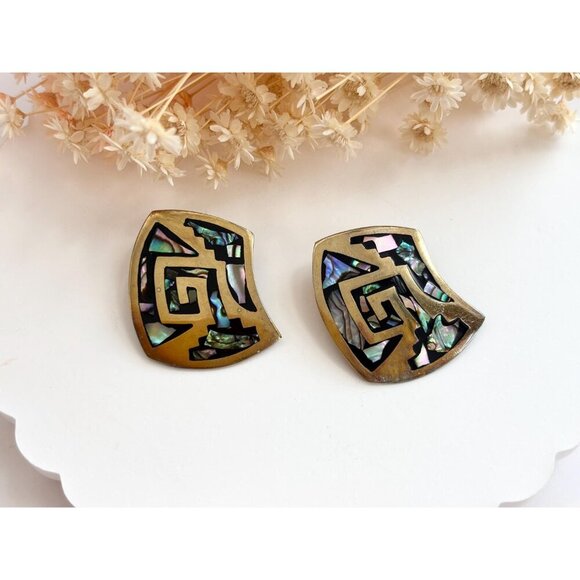 Modernist Sterling Silver Vermeil Taxco Mexican Abalone Vintage Clip On Earrings - Picture 7 of 10